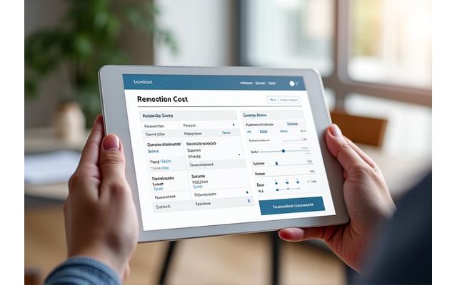 Interface d'un calculateur de coûts de rénovation interactif montrant des sliders et des graphiques d'estimation des prix à Lyon.