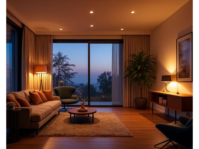 Salon moderne avec différentes sources de lumière réglables via domotique, créant des ambiances variées.
