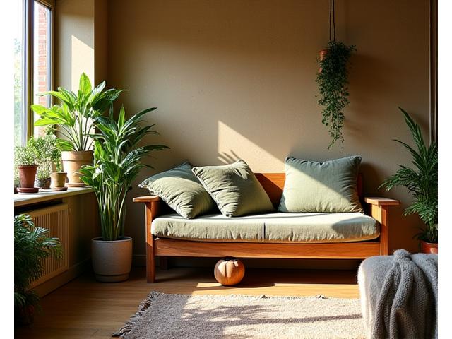 Exemple d'intérieur design avec du mobilier vintage, des murs en terre crue et des plantes vertes, illustrant le design durable.