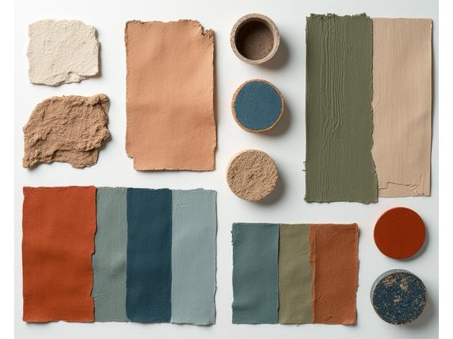 Mood board des tendances design intérieur 2024 avec couleurs terracotta, vert sauge et bleu profond, matériaux bois et pierre.