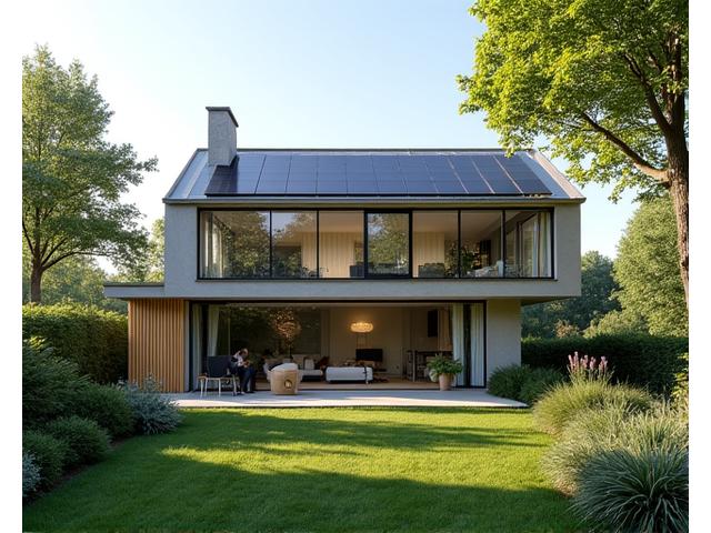 Façade moderne d'une maison rénovée avec isolation extérieure et panneaux solaires, symbolisant l'efficacité énergétique