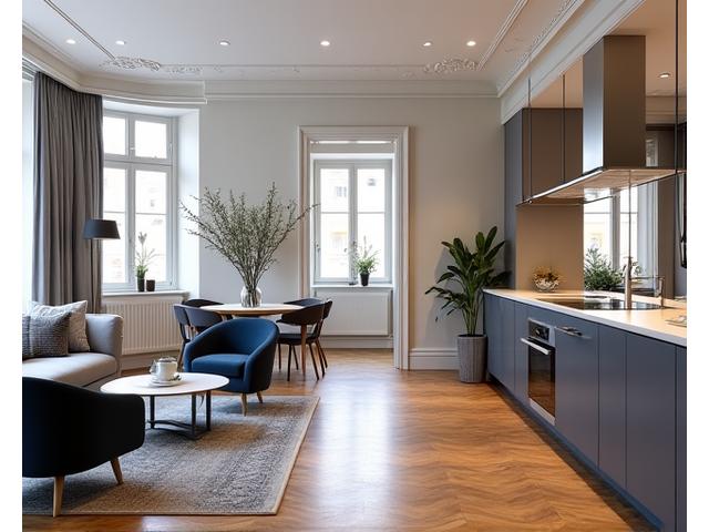 Intérieur d'un appartement parisien haussmannien rénové, avec parquets et moulures
