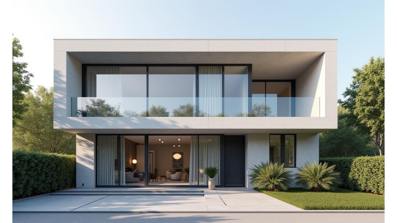 Façade de maison moderne à Lyon avec des matériaux innovants mis en valeur, béton auto-cicatrisant, grandes baies vitrées intelligentes, revêtement dépolluant.