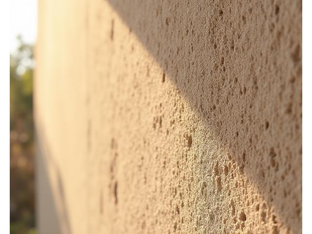 Détail d'un mur en béton de chanvre et argile, montrant sa texture naturelle.
