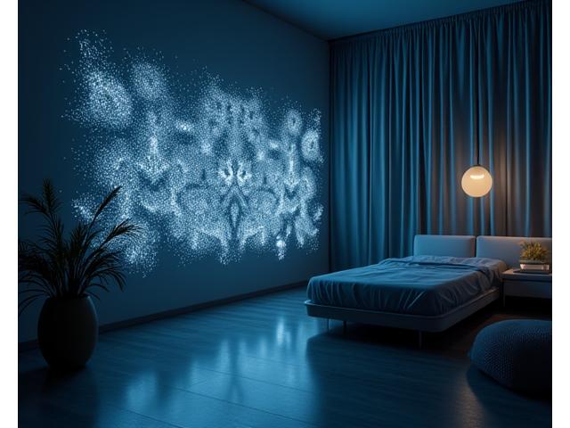 Mur avec papier peint connecté affichant une interface graphique lumineuse.