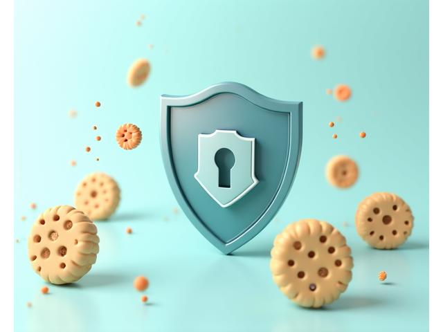 Illustration d'icônes de cookies flottant autour d'un bouclier de protection
