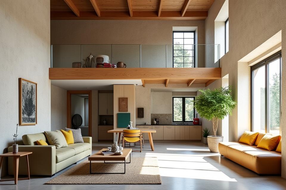 Intérieur lumineux d'un ancien atelier de canuts transformé en loft, conservant des éléments d'origine.