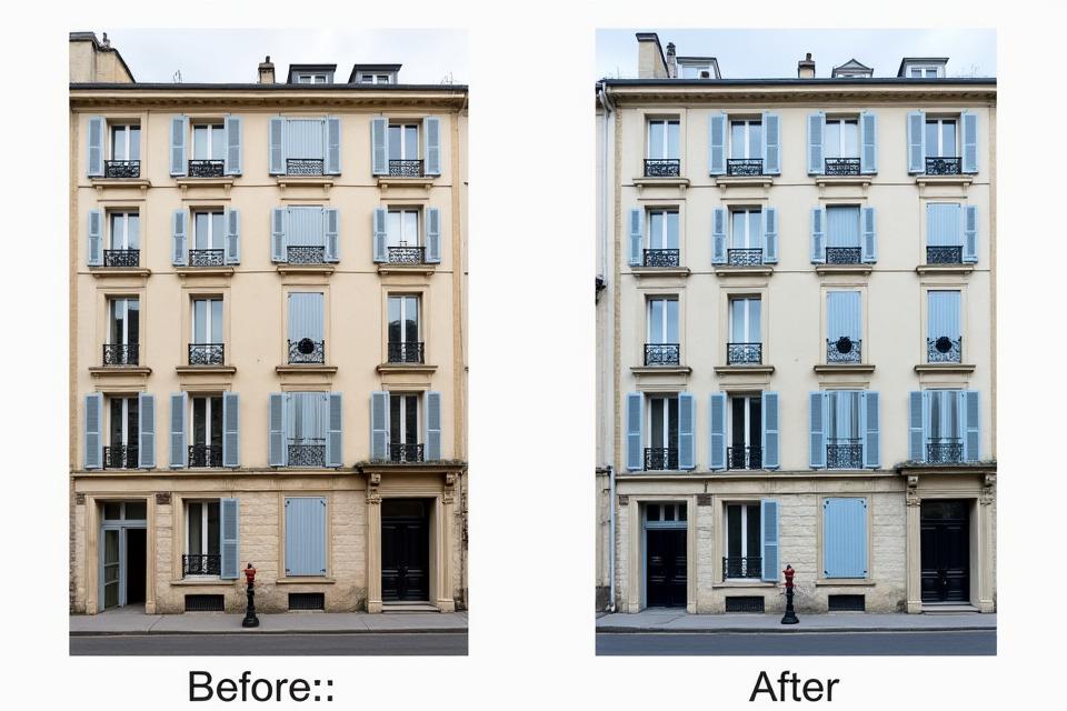 Façade d'un immeuble de la Presqu'île à Lyon avant et après rénovation, mettant en évidence le travail de restauration.