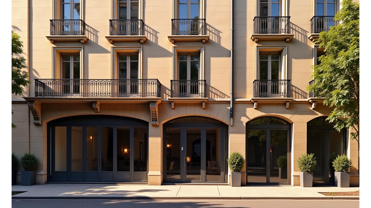Majestueuse façade d'un bâtiment historique lyonnais rénové, montrant l'alliance de l'ancien et du moderne.