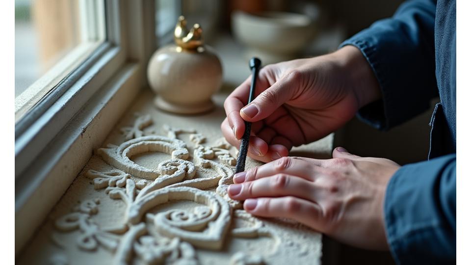 Main d'un artisan restaurateur travaillant délicatement sur une moulure ancienne en plâtre, gros plan