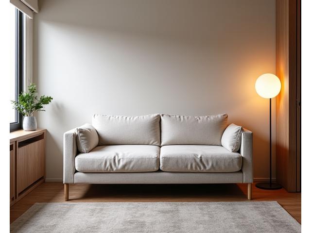 Canapé convertible élégant se transformant en lit dans un petit studio moderne, démontrant une solution de mobilier multifonction.
