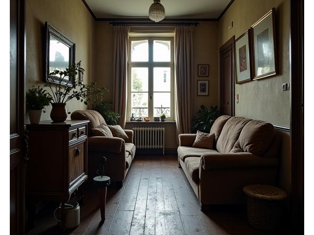 Intérieur d'un appartement haussmannien lyonnais avec des défis d'aménagement de petits espaces, lumière naturelle limitée et meubles encombrants.