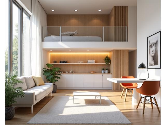 Design intérieur moderne avec mezzanine sur mesure, cloisons coulissantes, et rangements intégrés pour maximiser l'espace dans un petit appartement.