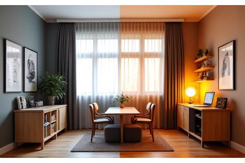 Avant/après rénovation d'un studio de 25m² à la Part-Dieu, Lyon, intégrant un coin bureau optimisé pour le télétravail.