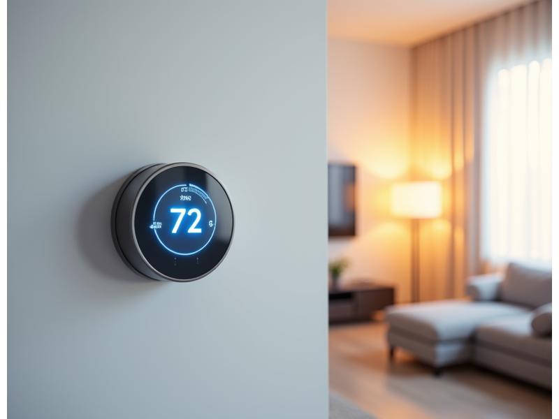 Un intérieur confortable avec un système de plancher chauffant et un thermostat intelligent, illustrant la basse consommation d'énergie.