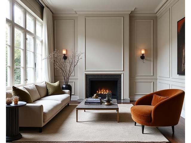 Salon au design contemporain avec des touches de couleurs chaudes et des matériaux nobles