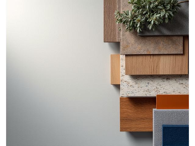Échantillons de matériaux nobles : bois, pierre, métal, textiles organisés pour la sélection
